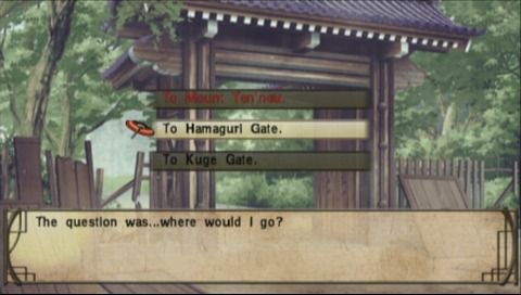 Hakuoki: Demon of the Fleeting Blossom (PSP) screenshot: Where should I go next... note the choices you've selected in your previous play marked in red