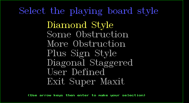 Super Maxit (DOS) screenshot: There are five kinds of board to play on plus the option of creating your own layout