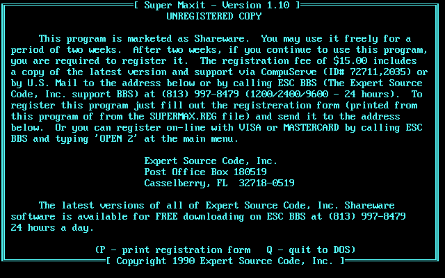 Super Maxit (DOS) screenshot: On exit there's another reminder to pay the shareware registration fee