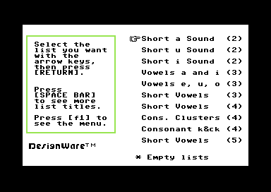 Spell A Graph (Commodore 64) screenshot: Choose a Vocabulary