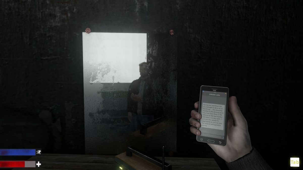 03.04 (Windows) screenshot: This is the player's character as seen in a mirror in the bunker<br><br>Demo version