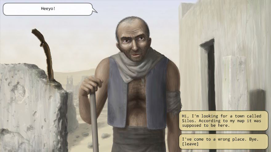 Caravaneer 2 (Browser) screenshot: Cricket is the only person living in the ruins of Silos