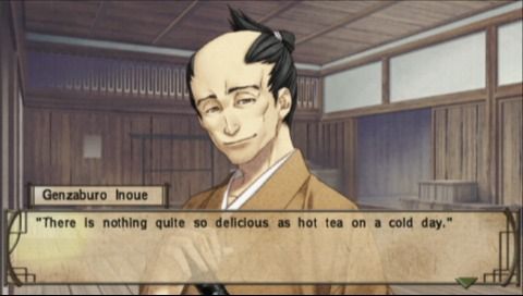 Hakuoki: Demon of the Fleeting Blossom (PSP) screenshot: Genzaburo is enjoying your hot tea