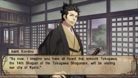 Hakuoki: Demon of the Fleeting Blossom (PSP) screenshot: Talking to Isami at the headquarters