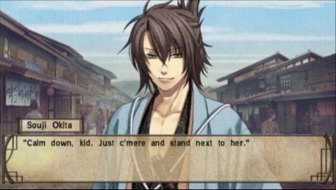 Hakuoki: Demon of the Fleeting Blossom (PSP) screenshot: Souji is surprised how the girl we just saved looks so alike Chizuru