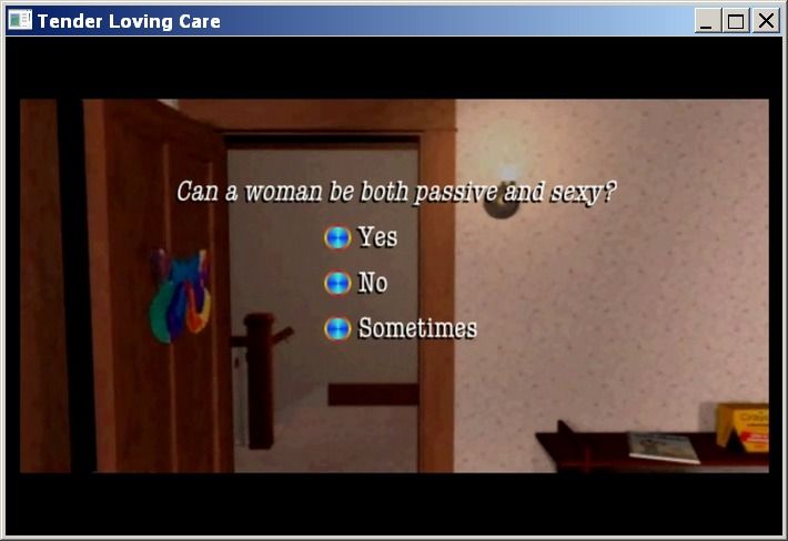 Tender Loving Care (Windows) screenshot: Questions are sometimes related to the previous FMV sequence (GOG version)
