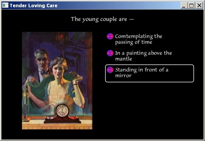 Tender Loving Care (Windows) screenshot: Many questions don't seem to be connected to the actual plot but are rather used to analyse the player's way of thinking (GOG version)