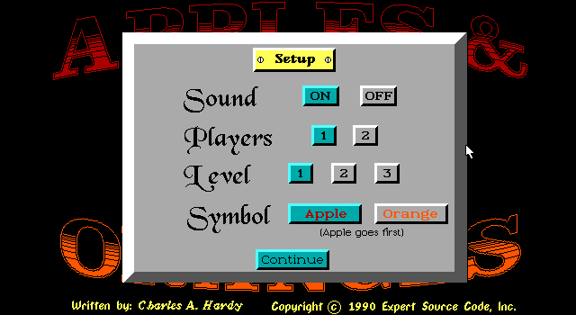 Apples & Oranges (DOS) screenshot: The game has optional sound effects, can be played by one or two people, and has three levels of difficulty. All these options are specified before the game begins