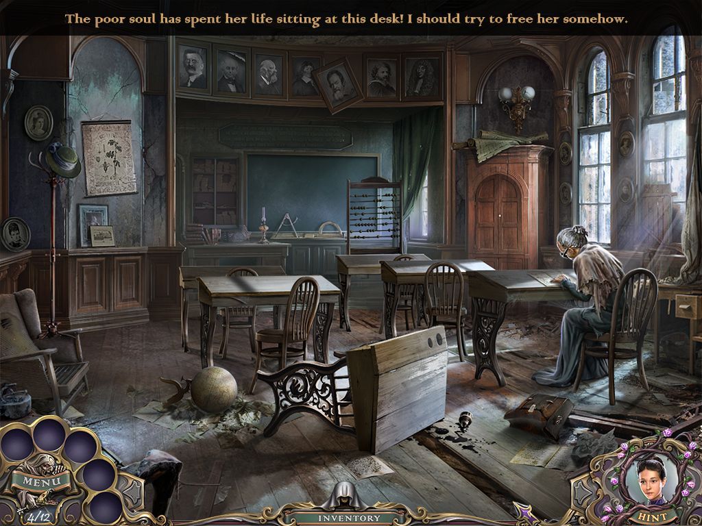 Witch Hunters: Stolen Beauty (Collector's Edition) (Windows) screenshot: Angelica will encounter trapped schoolgirls turned into old women by Madame Flemet. When released some will grant Angelica with magical spells which occupy the five circles in the lower left