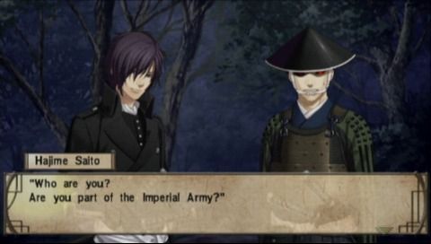 Hakuoki: Demon of the Fleeting Blossom (PSP) screenshot: This soldier doesn't quite look like himself