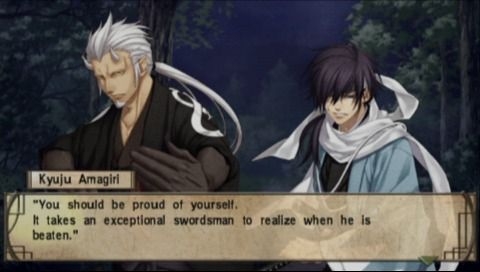 Hakuoki: Demon of the Fleeting Blossom (PSP) screenshot: Kyuju is showing Saito the power of being a demon