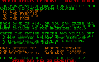 Monuments of Mars (DOS) screenshot: The shareware reminder and order screen