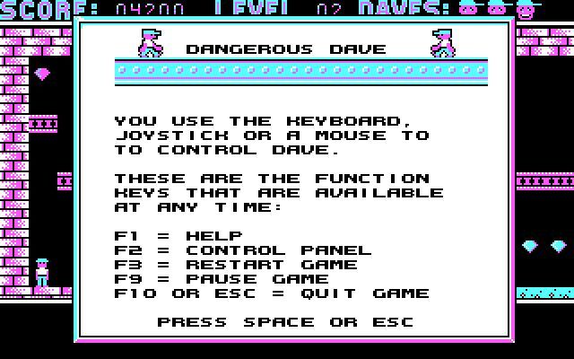 Dangerous Dave in the Deserted Pirate's Hideout! (DOS) screenshot: F1 brings up the in-game help screens CGA