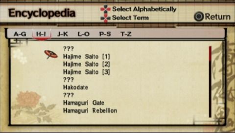 Hakuoki: Demon of the Fleeting Blossom (PSP) screenshot: Encyclopedia
