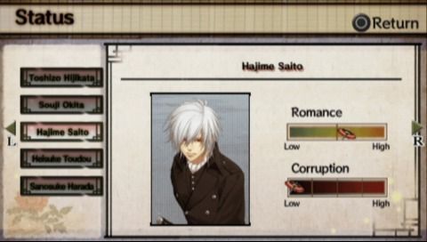 Hakuoki: Demon of the Fleeting Blossom (PSP) screenshot: Checking status of affection and corruption of key Shinsengumi soldiers
