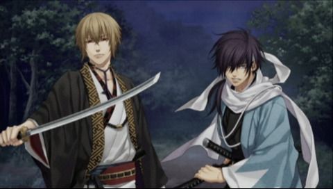 Hakuoki: Demon of the Fleeting Blossom (PSP) screenshot: Saito is protecting you against Kazama