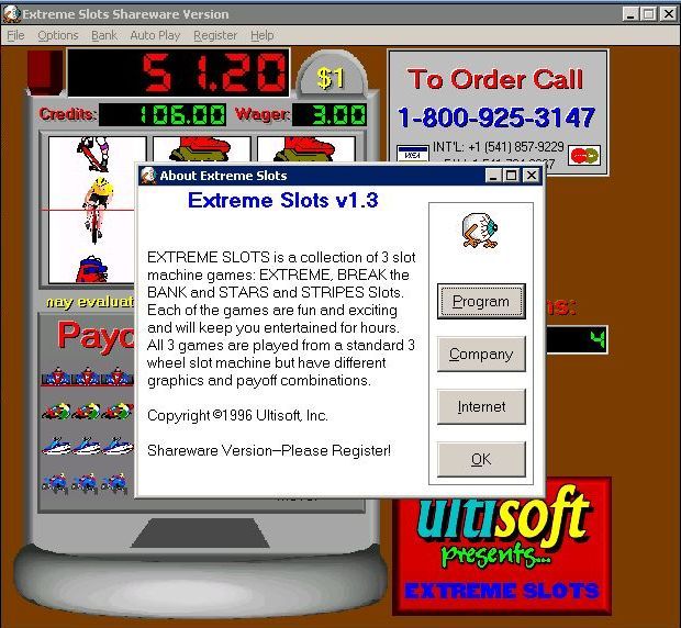 Extreme Slots (Windows 3.x) screenshot: Although Extreme Slots was released as a functionally limited shareware game it was part of a three game compilation
