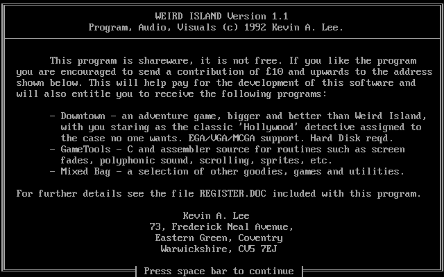 Weird Island (DOS) screenshot: The game starts with a shareware reminder.