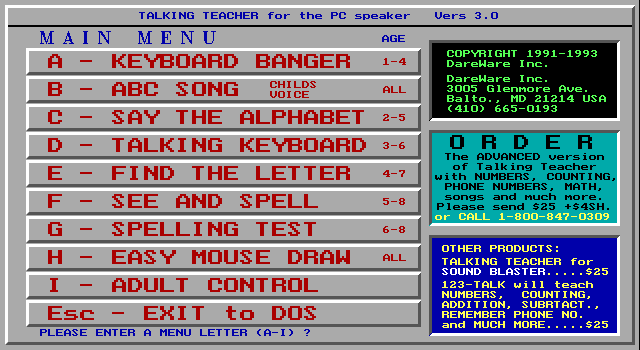 ABC-Talk (DOS) screenshot: The game loads to this menu screen