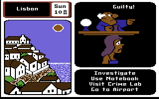 Where in Europe is Carmen Sandiego? (Commodore 64) screenshot: The suspect has been caught and has been found guilty!