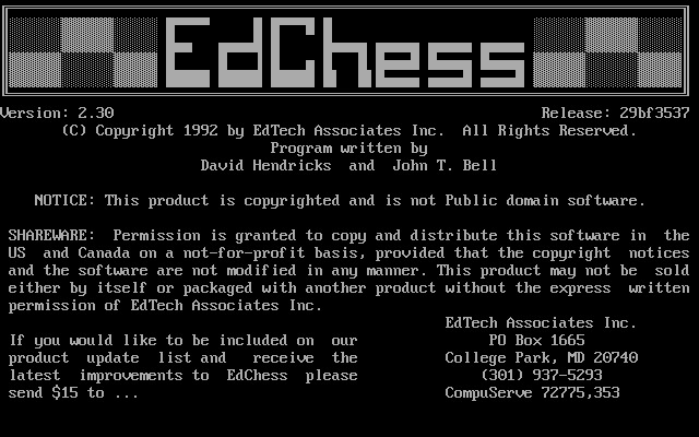 Chess! (DOS) screenshot: The title screen EdChess v2.30 shareware release