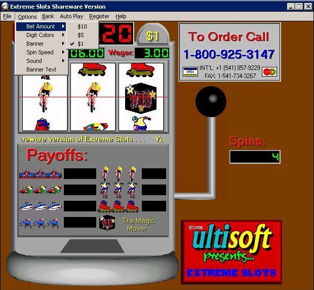Extreme Slots (Windows 3.x) screenshot: The game screen. Lots of options tucked away in the menu bar. The grey 'To Order Call' box changes and can offer more registration options or adverts for other products
