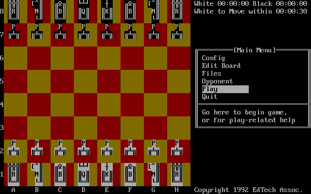 Chess! (DOS) screenshot: The default game screen EdChess v2.30 shareware release