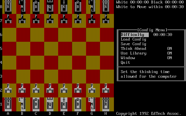 Chess! (DOS) screenshot: All the game configuration is done in the 'window' on the right EdChess v2.30 shareware release