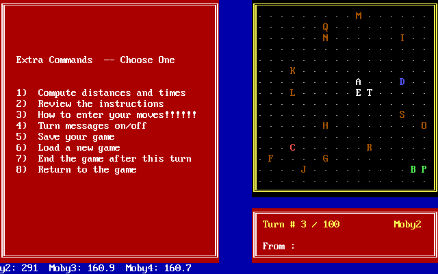 Galactic Conquest (DOS) screenshot: The in-game menu screen.
