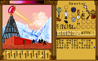 Ultima: Worlds of Adventure 2 - Martian Dreams (DOS) screenshot: Lesson 5: Restoring water. Repaired lens towers melt the polecap ice...