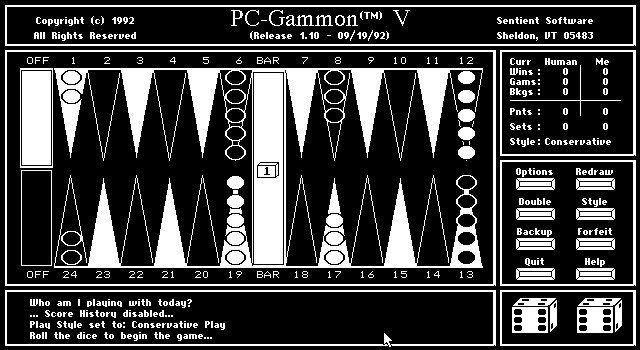 PC-Gammon (DOS) screenshot: The game has a command line option to play with EGA graphics or in monochrome. This is what a monochrome game looks like