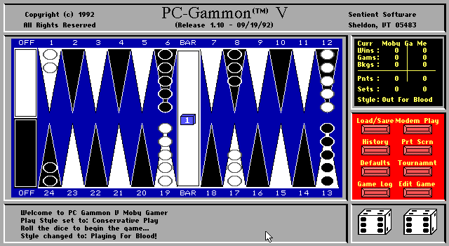 PC-Gammon (DOS) screenshot: Selecting the Options button from the main menu on the right brings up this red sub-menu