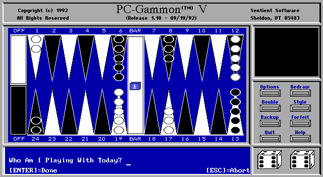 PC-Gammon (DOS) screenshot: The game area. After entering their name the player clicks on the die on the centre bar to start the game