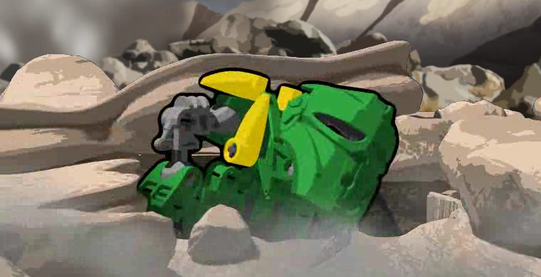 Piraka Animation 01 (Browser) screenshot: A Matoran climbs out of the rubble and tries to escape.