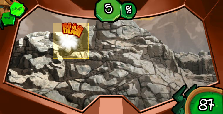 Piraka Animation 01 (Browser) screenshot: Destroy the mountain by shooting weak points within the time limit.