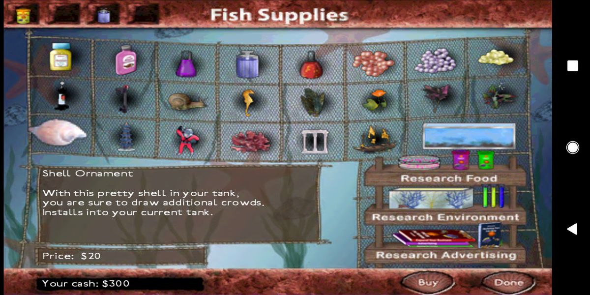 Fish Tycoon (Android) screenshot: Fish supplies store