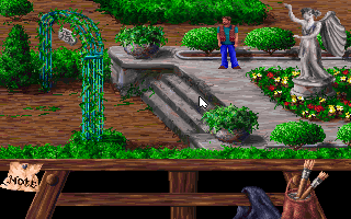 Heaven's Dawn (DOS) screenshot: There are yellow and red flowers at the statue, and the strange thing is that a red one is very hard to click correctly. Of course, we need a red one...