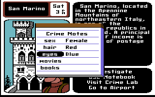 Where in Europe is Carmen Sandiego? (Commodore 64) screenshot: Use the notepad to write down information about the suspect.