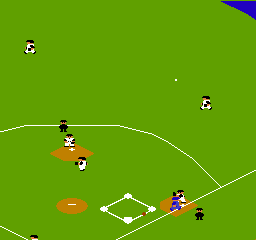 Pro Yakyū Family Stadium '87 (NES) screenshot: Screen switches to top-down view after hitting the ball.