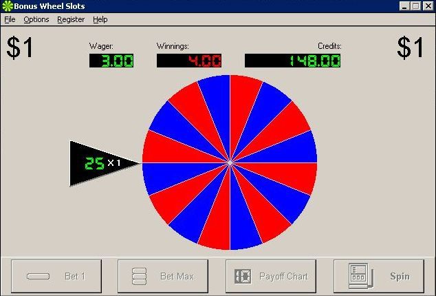 Bonus Wheel Slots (Windows 3.x) screenshot: The Bonus Wheel Slots screen shot collection would not be complete without a shot of the Bonus Wheel. Each slot has different colours. Bonus payouts are disabled in the shareware version