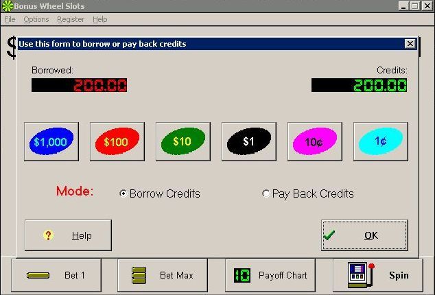 Bonus Wheel Slots (Windows 3.x) screenshot: The player can borrow from and repay the bank through this screen