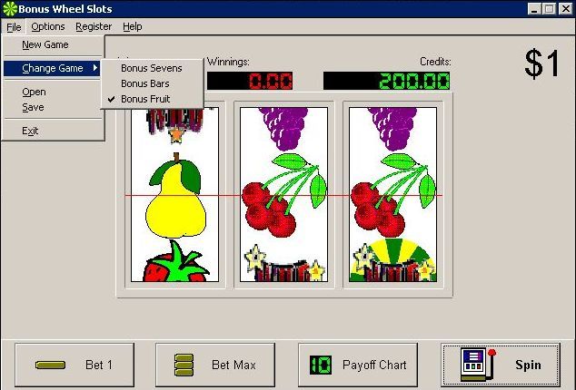 Bonus Wheel Slots (Windows 3.x) screenshot: Bonus Fruit Slots. Other options are available