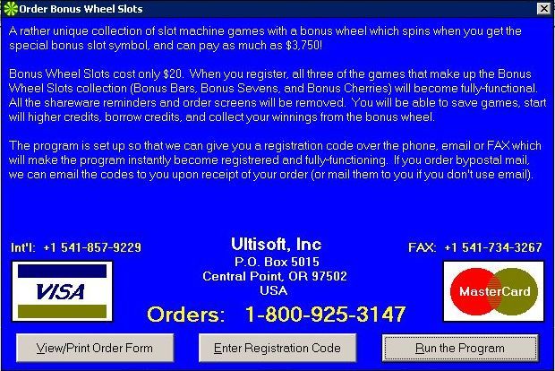 Bonus Wheel Slots (Windows 3.x) screenshot: The game loads to a shareware registration reminder screen