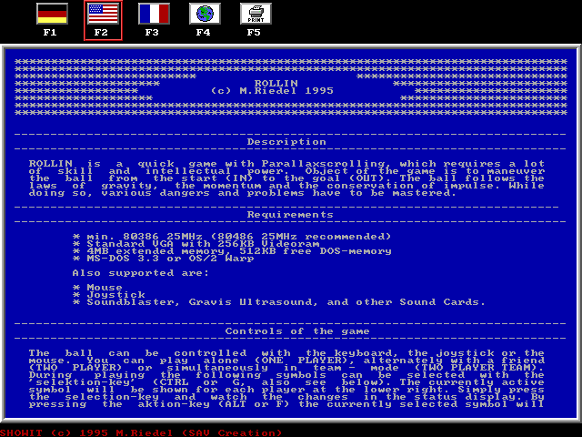 Rollin (DOS) screenshot: When started for the first time the game displays this screen