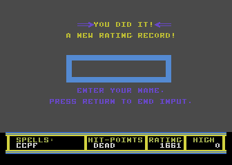 Realm of Impossibility (Atari 8-bit) screenshot: A new record! Enter my name.