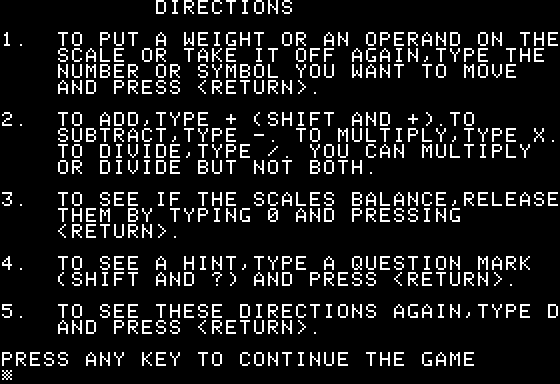 Balancing Act (Apple II) screenshot: Instructions