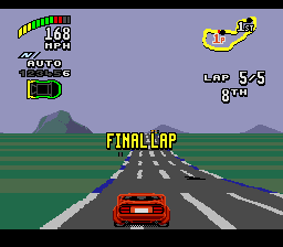 Top Gear 2 (Genesis) screenshot: The oil spot to the right is a tricky obstacle that may spin your car around