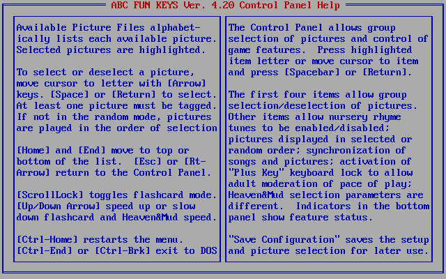ABC Fun Keys (DOS) screenshot: The first screen of the game's help text
