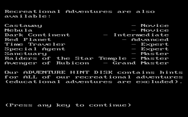 Special Agent (DOS) screenshot: The game reminds the player that this is a shareware game, please register and pay up, and then lists all the other games that were available at the time