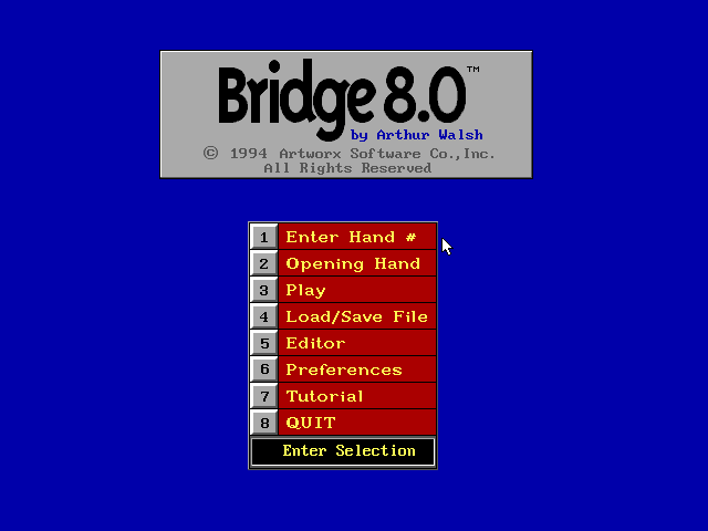 Bridge 8.0 (DOS) screenshot: Main menu